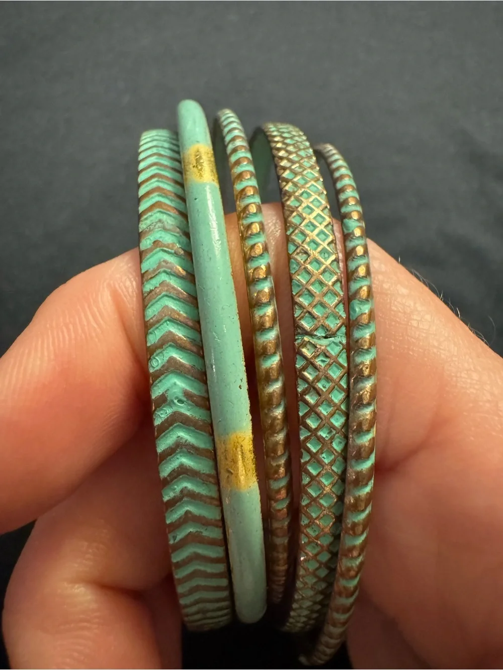 Set of 5 Turquoise & Gold Enamel Stackable Bangle Bracelets